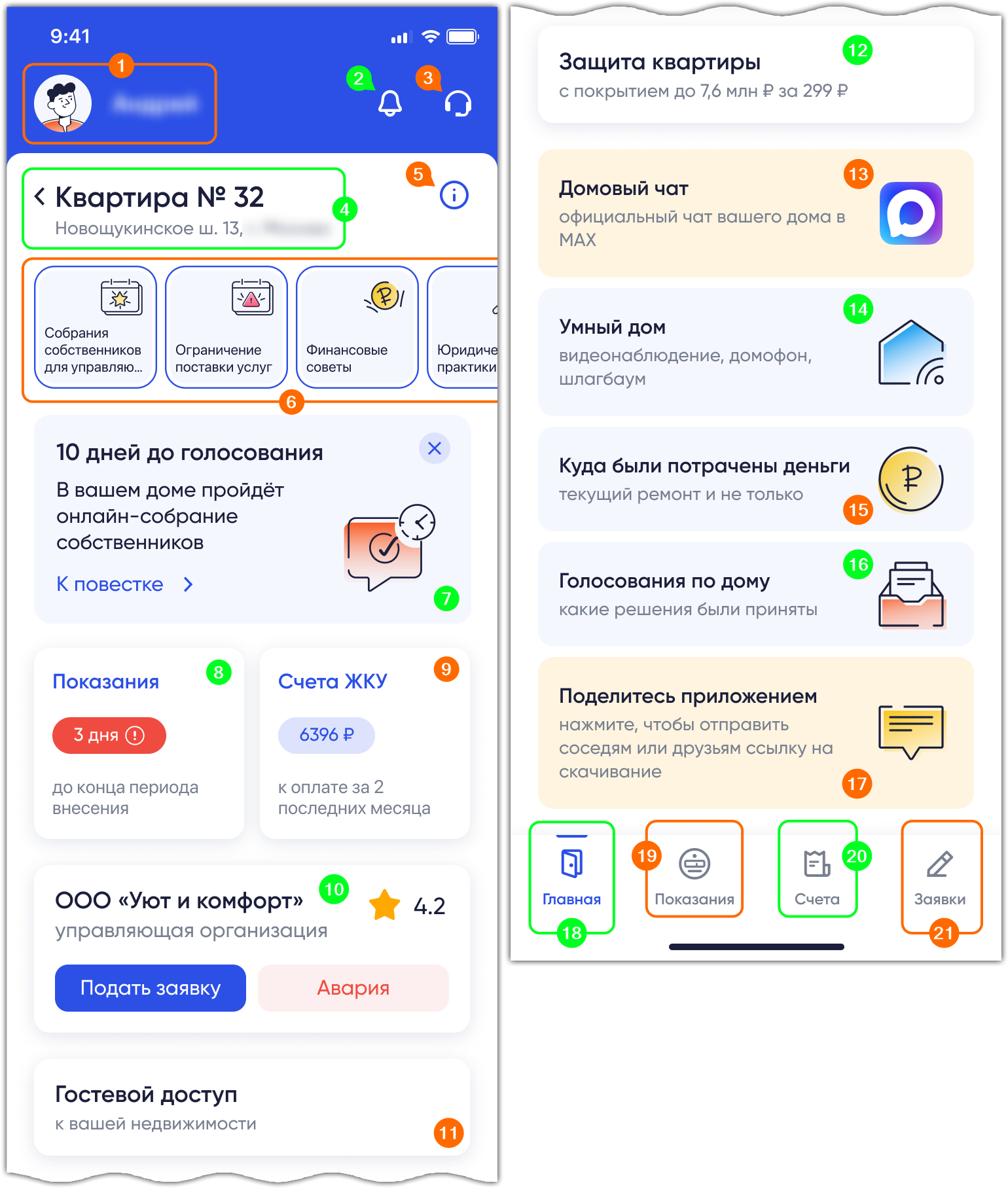 На экране отображается страница ОН с выбранной вкладкой Главная. Верхняя часть страницы содержит панель приложения с кнопкой Профиль и иконками Колокольчик и Наушники. Центральная часть страницы содержит панель вкладки, включающая различные карточки, связанные с управлением ОН. Внизу страницы отображается блок управления с вкладками Главная, Показания, Счета и Заявки.