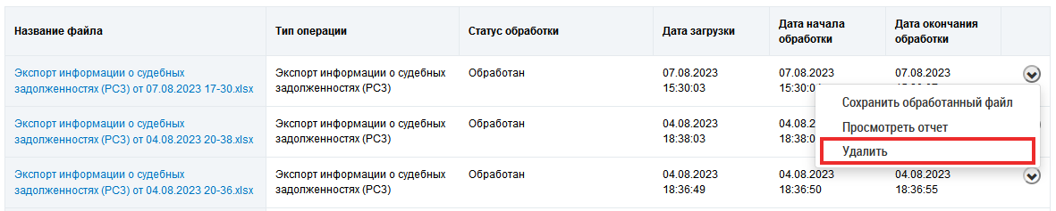 Страница Реестр статусов обработки файлов. Блок результатов поиска. Строка с обработанным файлом. Нажата кнопка выбора контекстного меню файла в конце строки. Раскрыто контекстное меню файла. Выделен пункт контекстного меню Удалить.