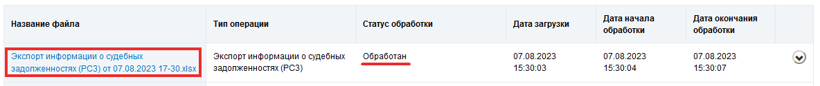 Страница Реестр статусов обработки файлов. Блок результатов поиска. Строка с обработанным файлом. Название файла представляет собой гиперссылку на скачивание файла. Файл имеет статус Обработан.